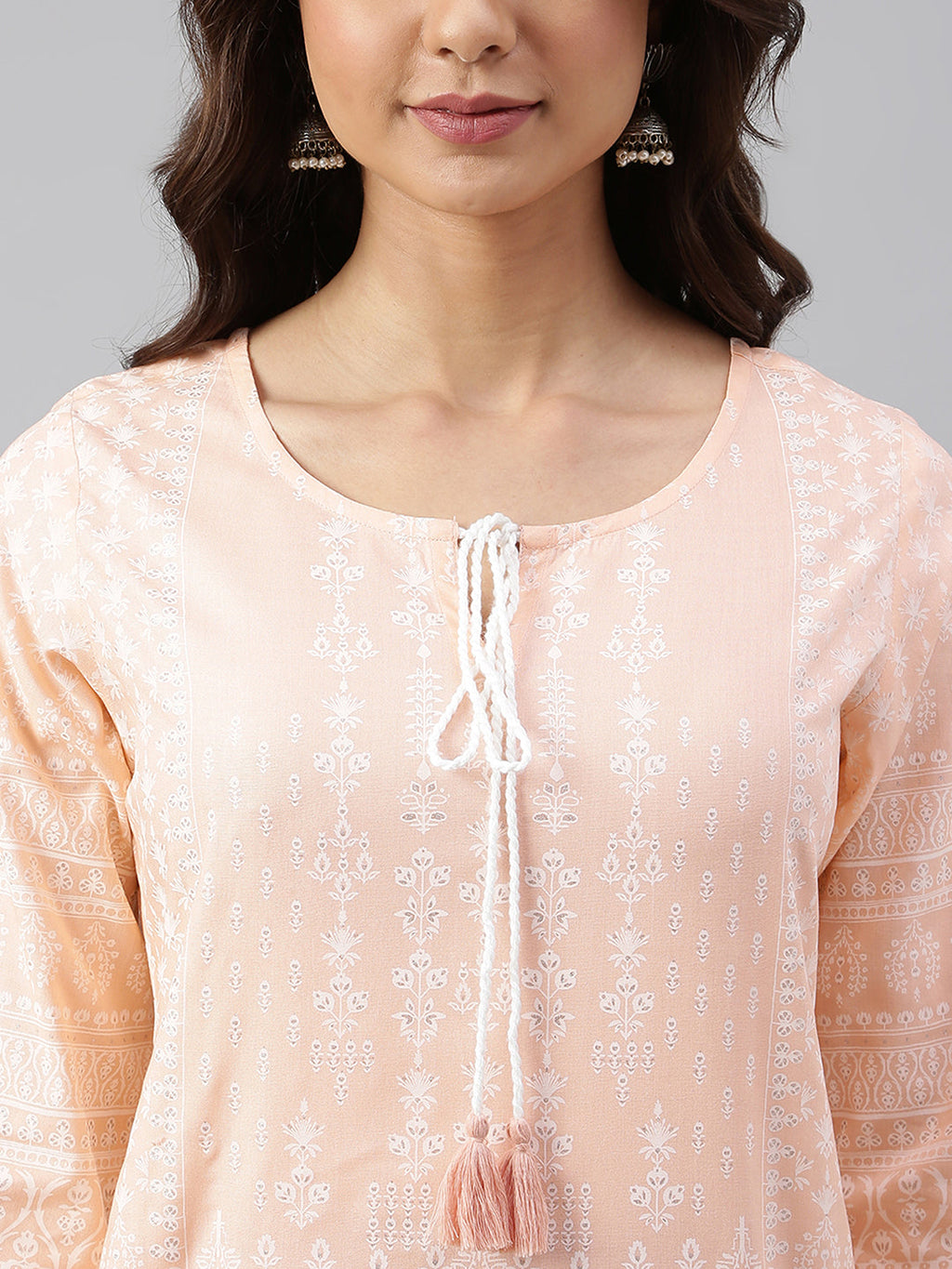 Janasya Women's Peach Cotton Ethnic Motifs Straight Tunic | Grocsy