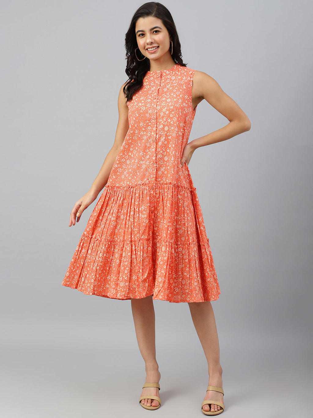 Janasya Women's Peach Cotton Floral Printed Flared Western Dress | Grocsy