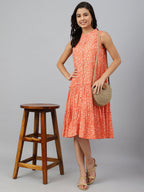 Janasya Women's Peach Cotton Floral Printed Flared Western Dress | Grocsy