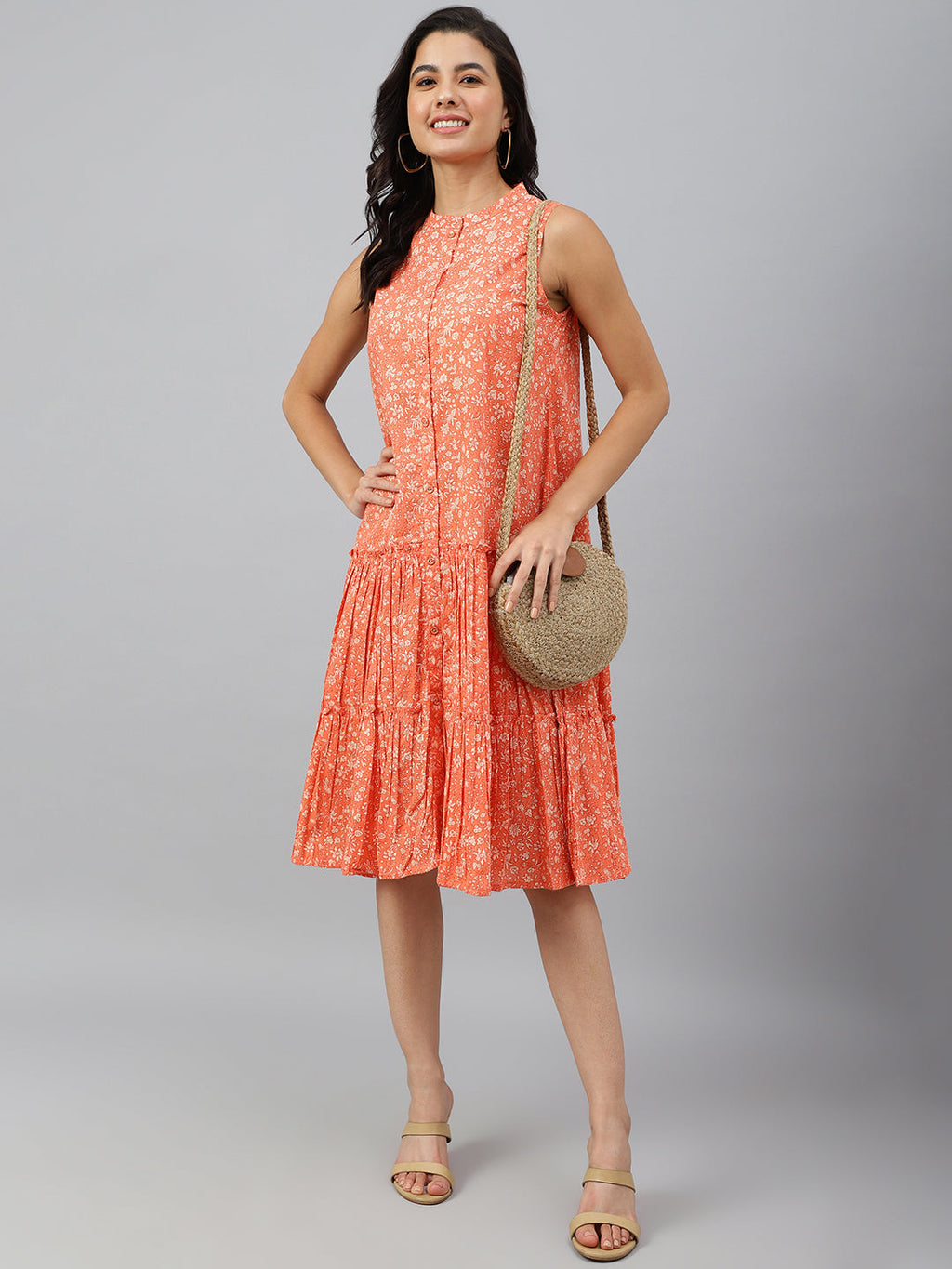 Janasya Women's Peach Cotton Floral Printed Flared Western Dress | Grocsy