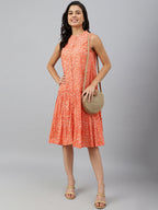 Janasya Women's Peach Cotton Floral Printed Flared Western Dress | Grocsy