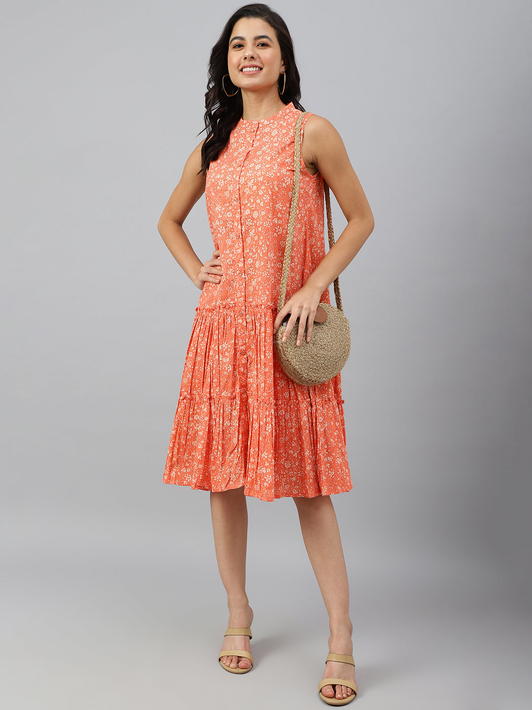 Janasya Women's Peach Cotton Floral Printed Flared Western Dress | Grocsy