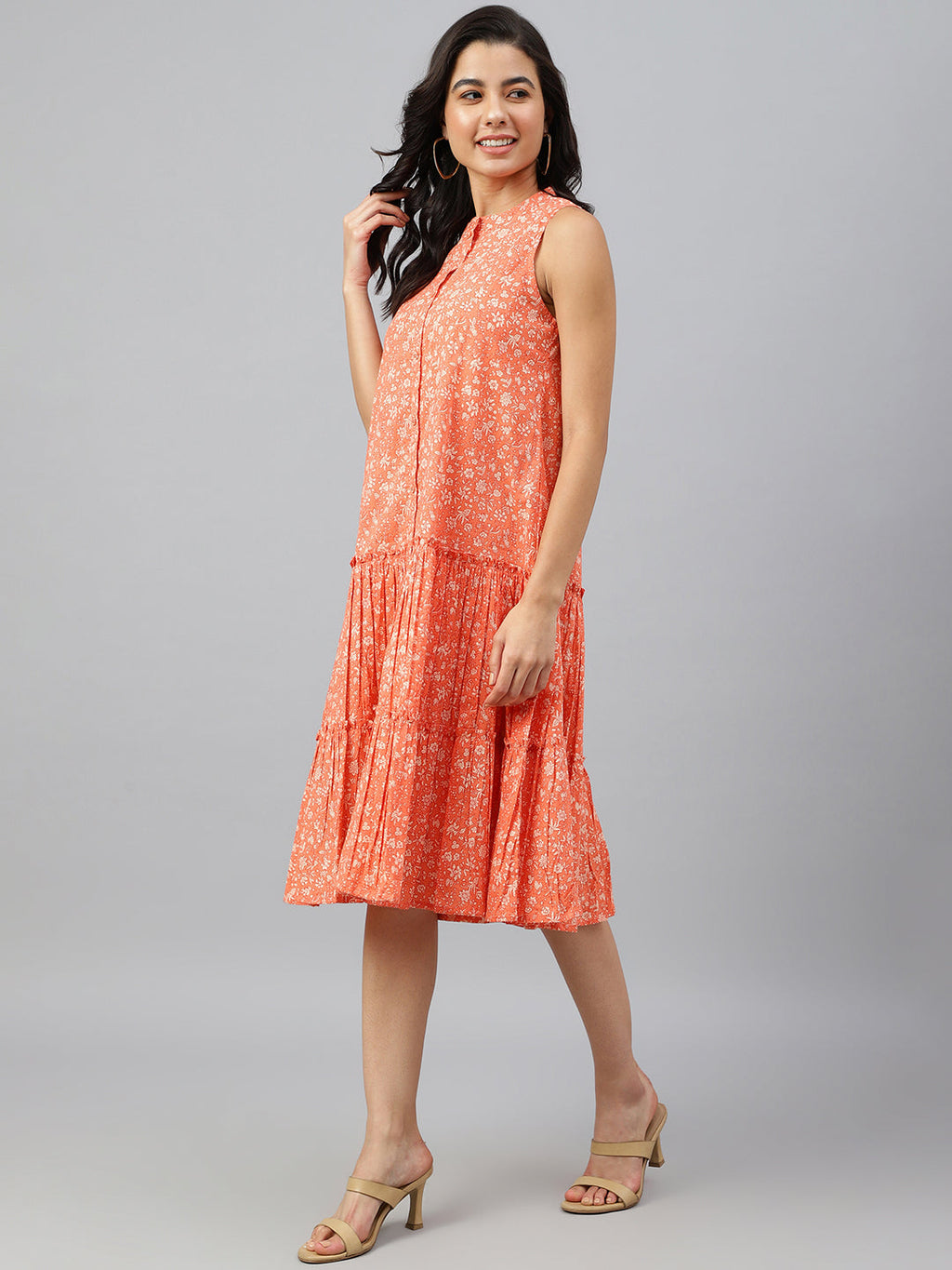 Janasya Women's Peach Cotton Floral Printed Flared Western Dress | Grocsy