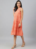 Janasya Women's Peach Cotton Floral Printed Flared Western Dress | Grocsy