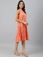 Janasya Women's Peach Cotton Floral Printed Flared Western Dress | Grocsy