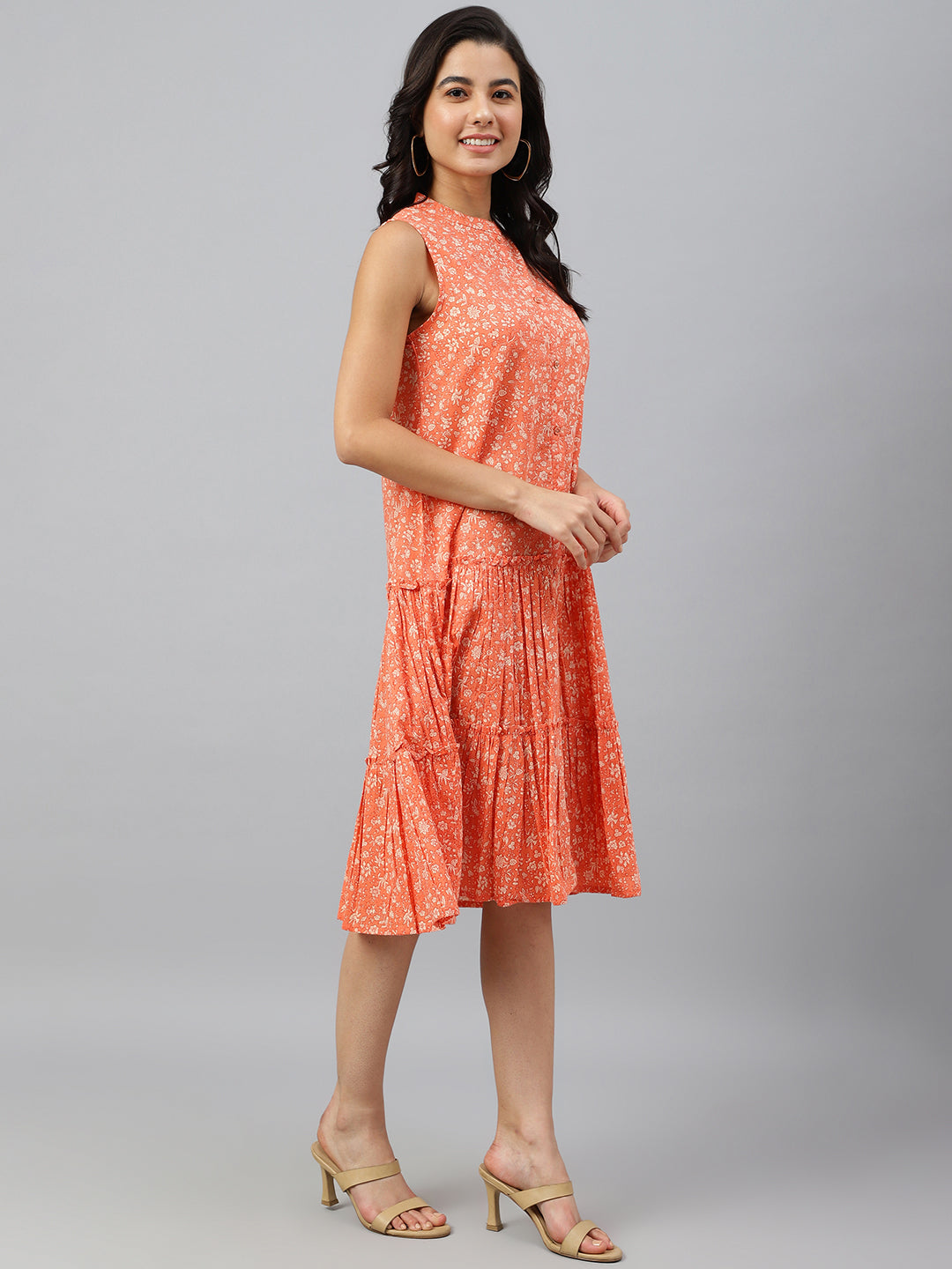 Janasya Women's Peach Cotton Floral Printed Flared Western Dress | Grocsy