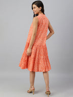 Janasya Women's Peach Cotton Floral Printed Flared Western Dress | Grocsy