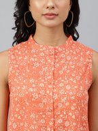 Janasya Women's Peach Cotton Floral Printed Flared Western Dress | Grocsy