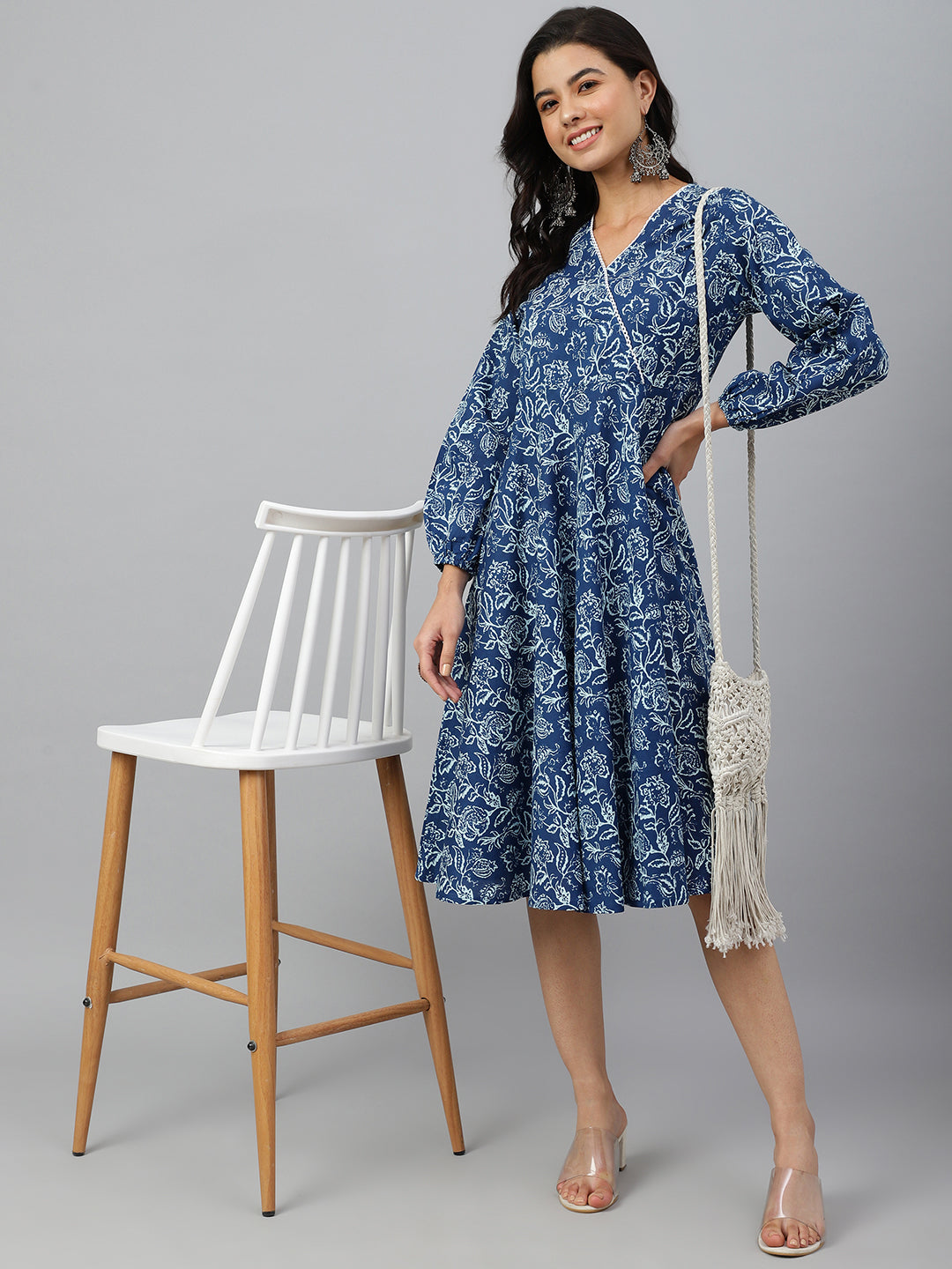 Janasya Women's Navy Blue Cotton Floral Printed Angrakha Western Dress | Grocsy