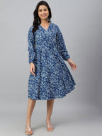 Janasya Women's Navy Blue Cotton Floral Printed Angrakha Western Dress | Grocsy