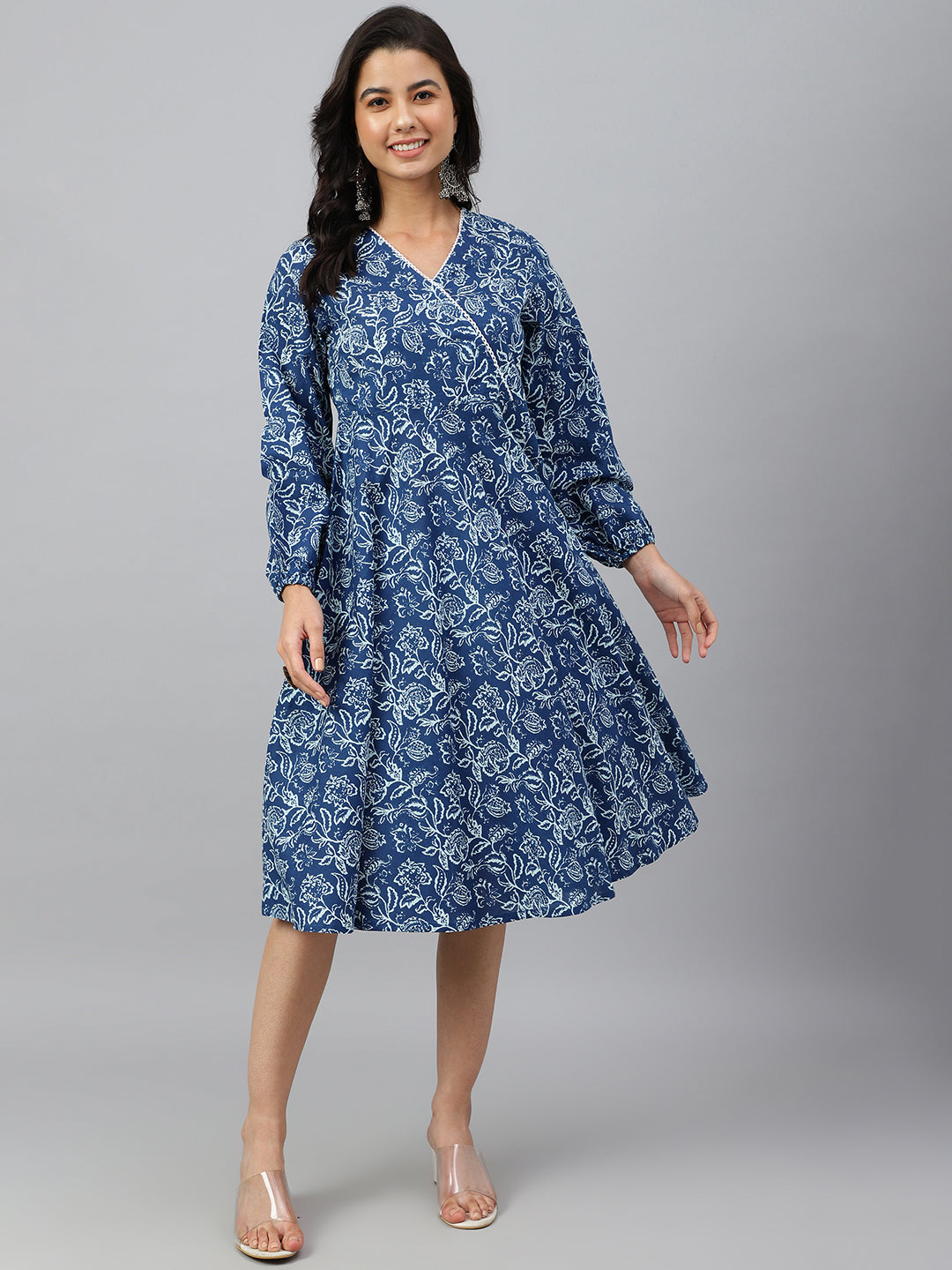 Janasya Women's Navy Blue Cotton Floral Printed Angrakha Western Dress | Grocsy