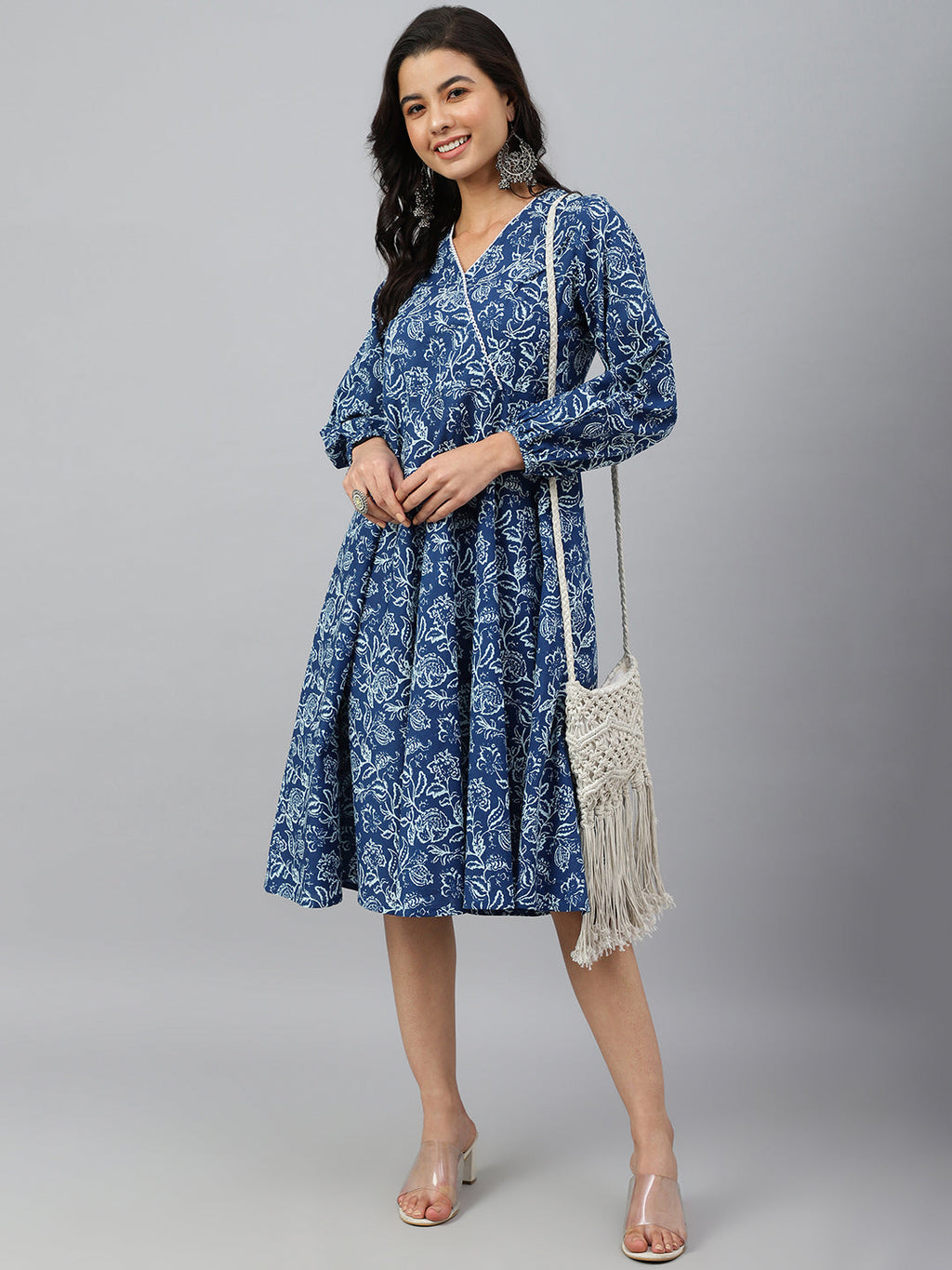 Janasya Women's Navy Blue Cotton Floral Printed Angrakha Western Dress | Grocsy
