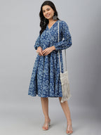 Janasya Women's Navy Blue Cotton Floral Printed Angrakha Western Dress | Grocsy