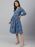 Janasya Women's Navy Blue Cotton Floral Printed Angrakha Western Dress | Grocsy