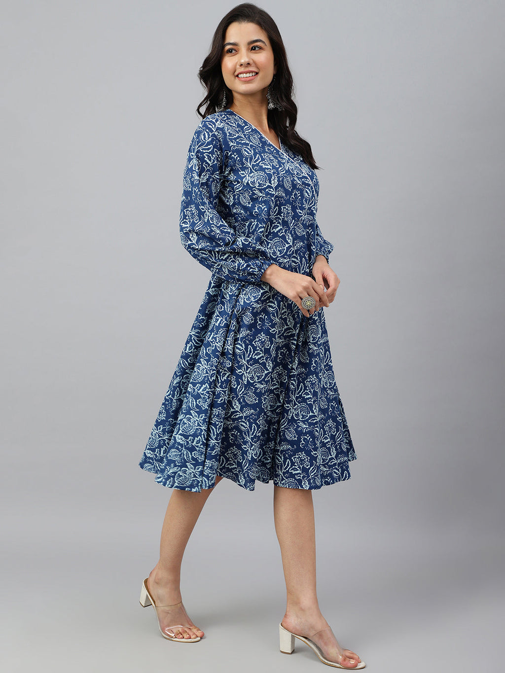 Janasya Women's Navy Blue Cotton Floral Printed Angrakha Western Dress | Grocsy