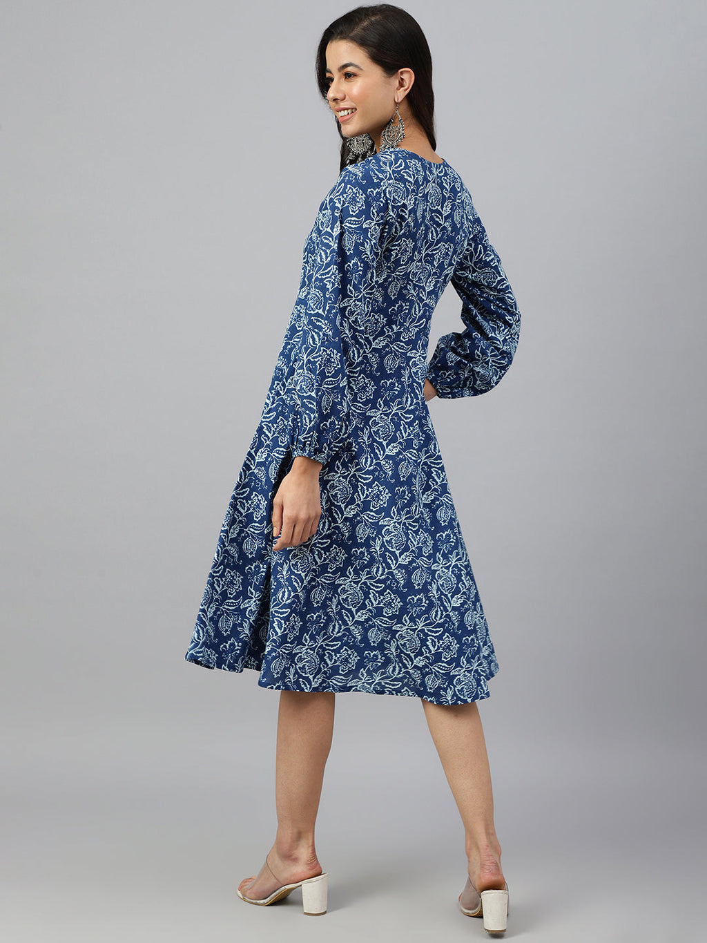 Janasya Women's Navy Blue Cotton Floral Printed Angrakha Western Dress | Grocsy