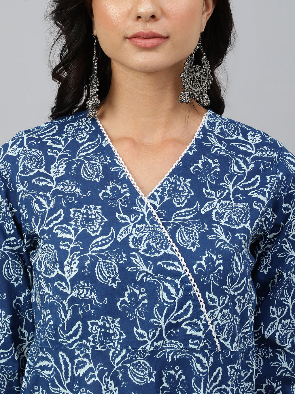 Janasya Women's Navy Blue Cotton Floral Printed Angrakha Western Dress | Grocsy