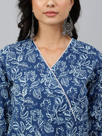 Janasya Women's Navy Blue Cotton Floral Printed Angrakha Western Dress | Grocsy