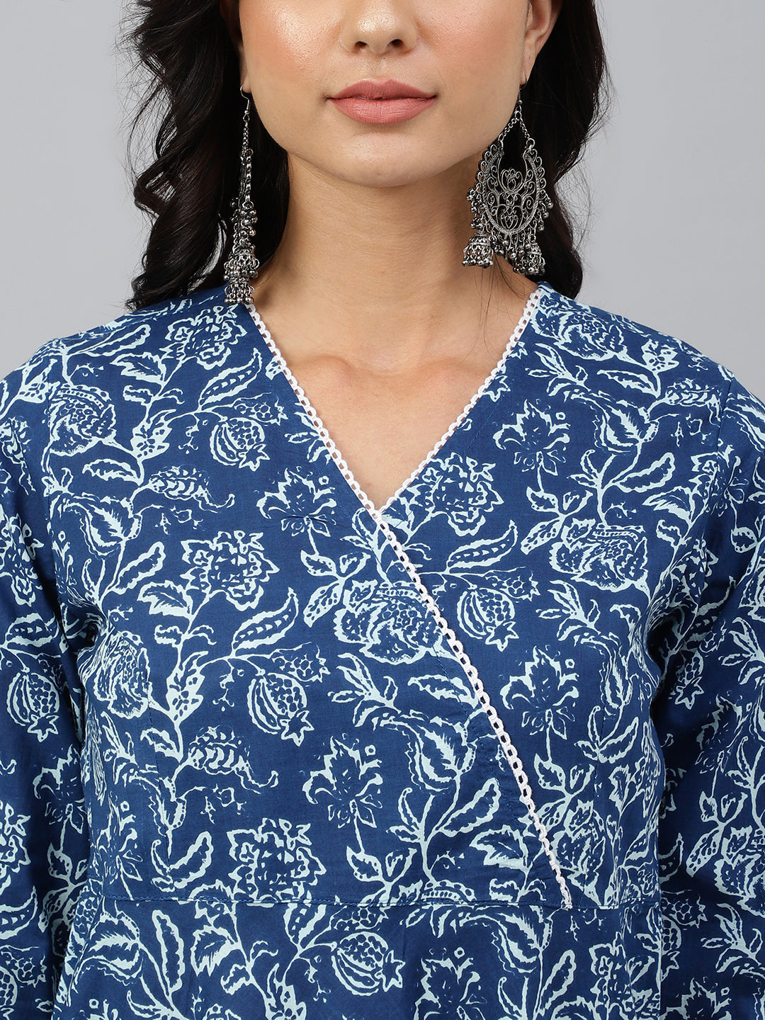 Janasya Women's Navy Blue Cotton Floral Printed Angrakha Western Dress | Grocsy