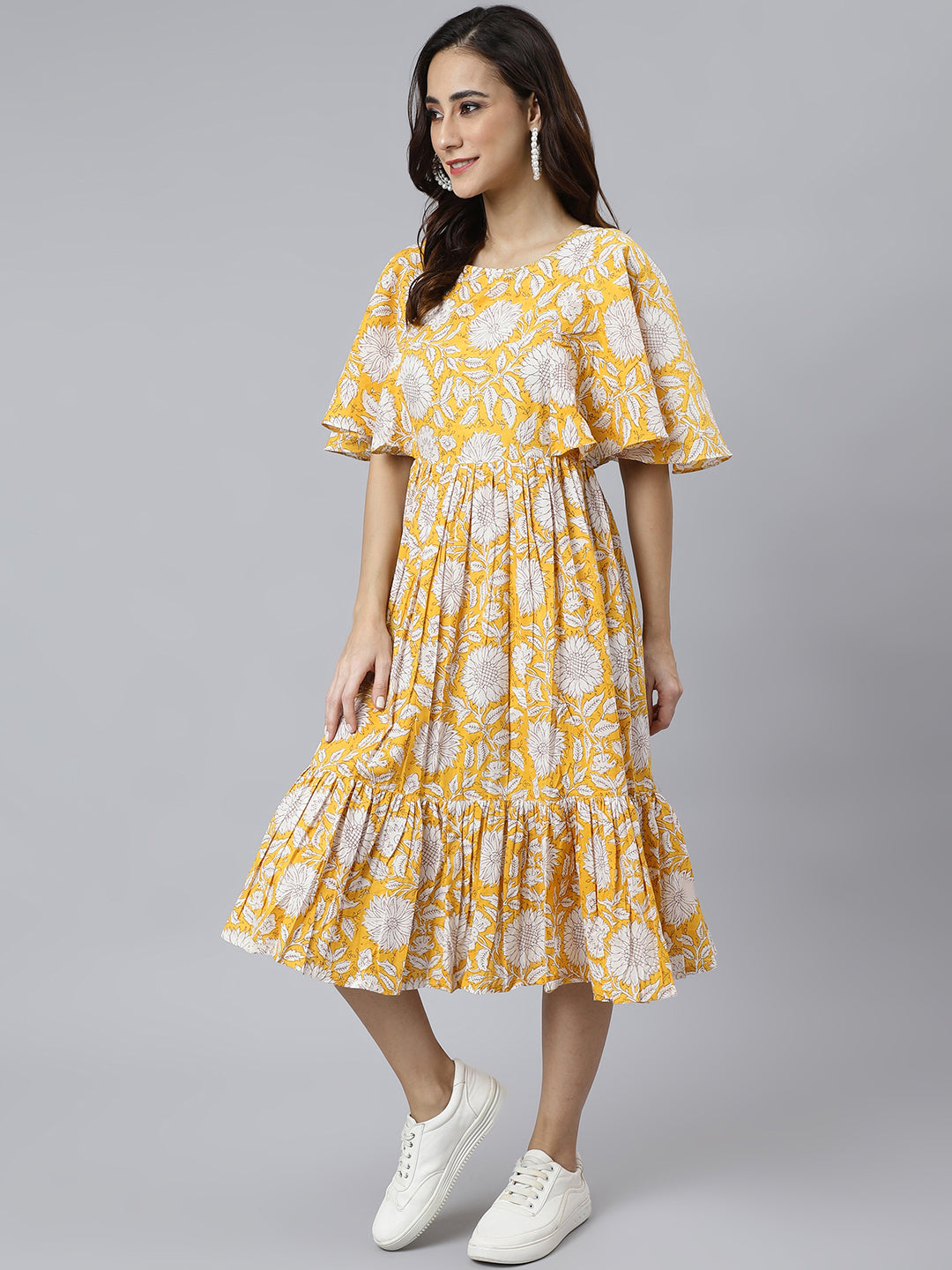 Janasya Women's Yellow Cotton Floral Printed Flared Western Dress | Grocsy
