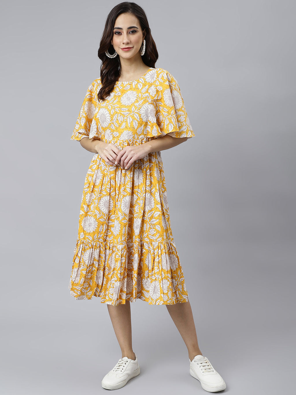 Janasya Women's Yellow Cotton Floral Printed Flared Western Dress | Grocsy