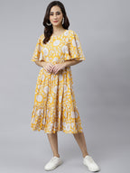 Janasya Women's Yellow Cotton Floral Printed Flared Western Dress | Grocsy