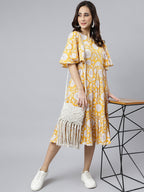 Janasya Women's Yellow Cotton Floral Printed Flared Western Dress | Grocsy