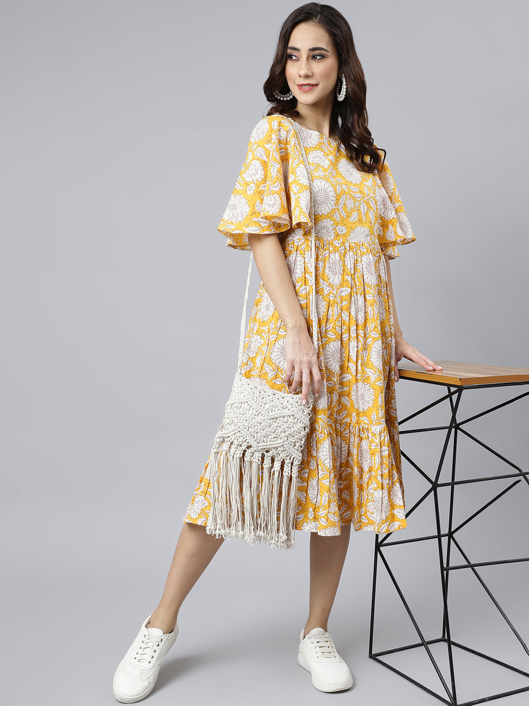 Janasya Women's Yellow Cotton Floral Printed Flared Western Dress | Grocsy