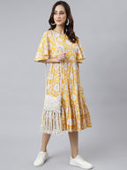Janasya Women's Yellow Cotton Floral Printed Flared Western Dress | Grocsy