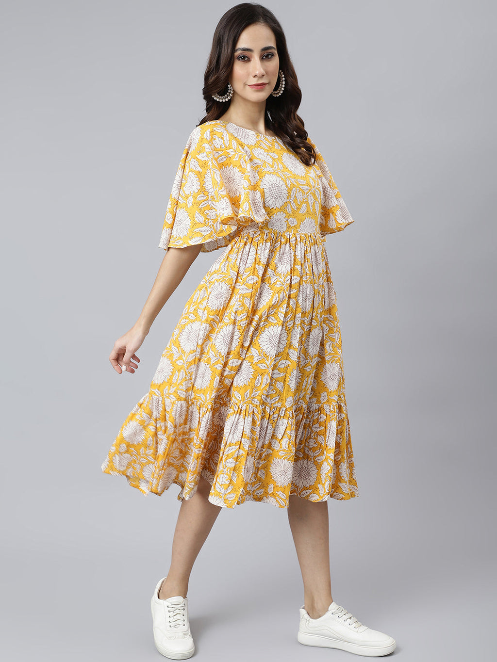 Janasya Women's Yellow Cotton Floral Printed Flared Western Dress | Grocsy