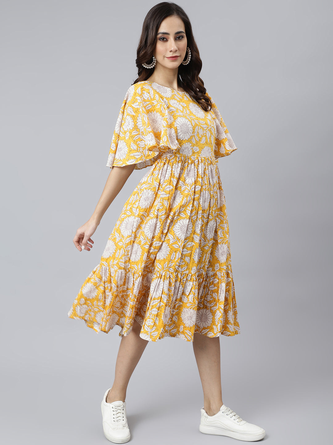 Janasya Women's Yellow Cotton Floral Printed Flared Western Dress | Grocsy