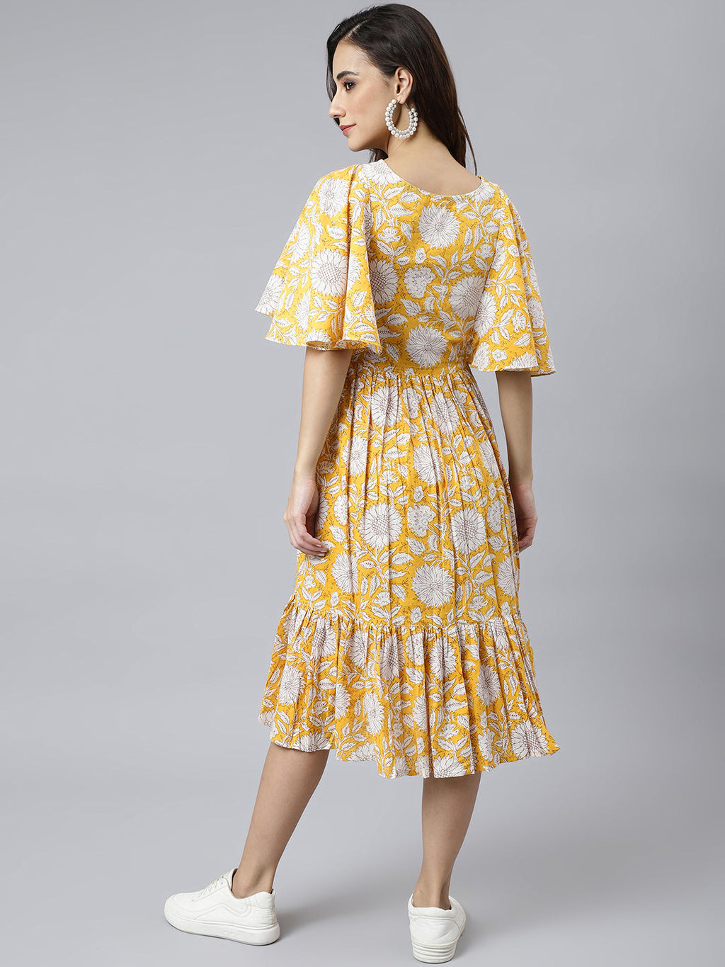 Janasya Women's Yellow Cotton Floral Printed Flared Western Dress | Grocsy