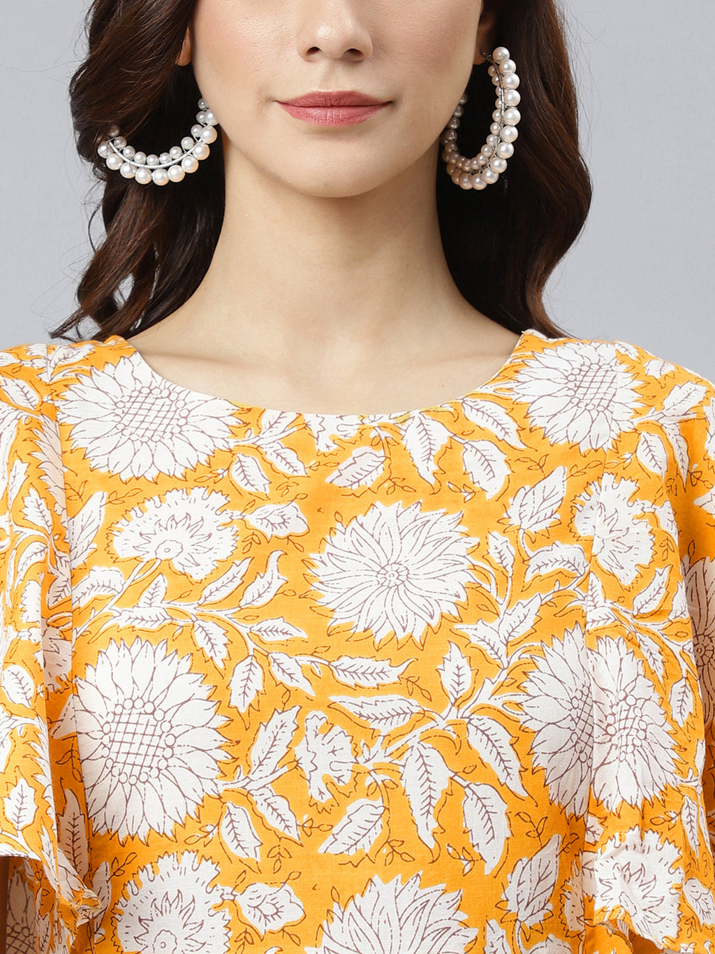 Janasya Women's Yellow Cotton Floral Printed Flared Western Dress | Grocsy