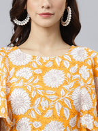 Janasya Women's Yellow Cotton Floral Printed Flared Western Dress | Grocsy