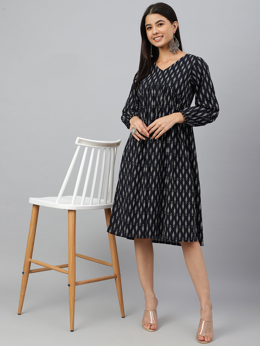 Janasya Women's Black Cotton Printed A-line Western Dress | Grocsy