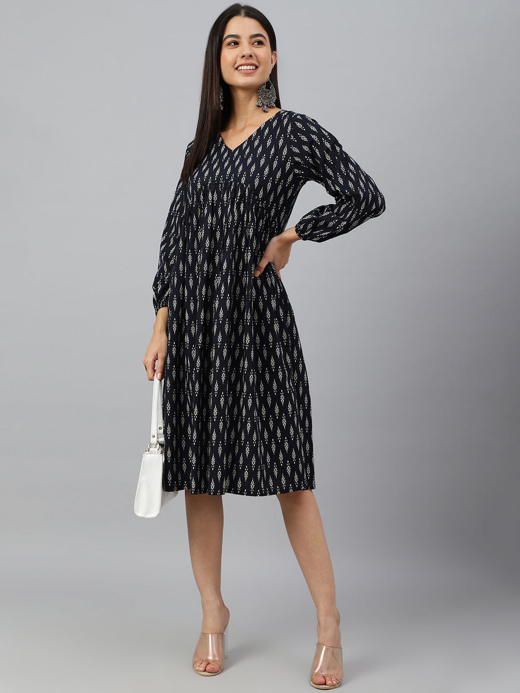 Janasya Women's Black Cotton Printed A-line Western Dress | Grocsy