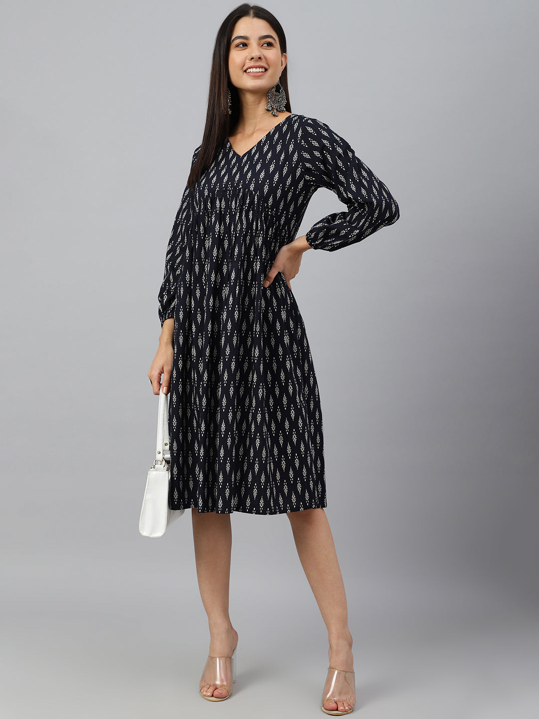 Janasya Women's Black Cotton Printed A-line Western Dress | Grocsy
