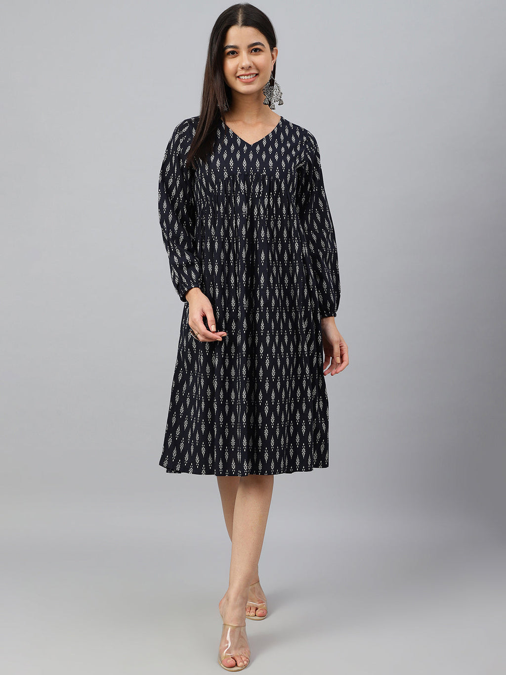 Janasya Women's Black Cotton Printed A-line Western Dress | Grocsy