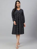 Janasya Women's Black Cotton Printed A-line Western Dress | Grocsy