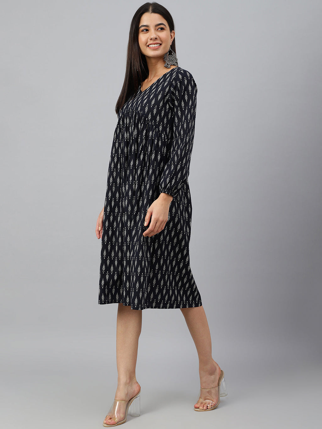 Janasya Women's Black Cotton Printed A-line Western Dress | Grocsy