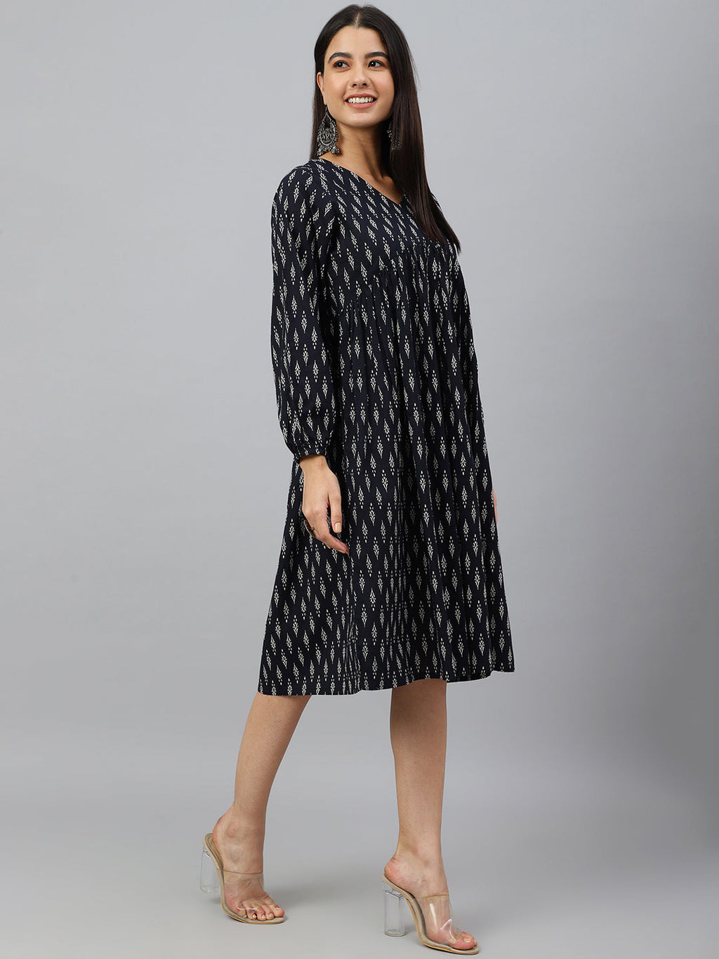 Janasya Women's Black Cotton Printed A-line Western Dress | Grocsy