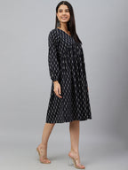 Janasya Women's Black Cotton Printed A-line Western Dress | Grocsy