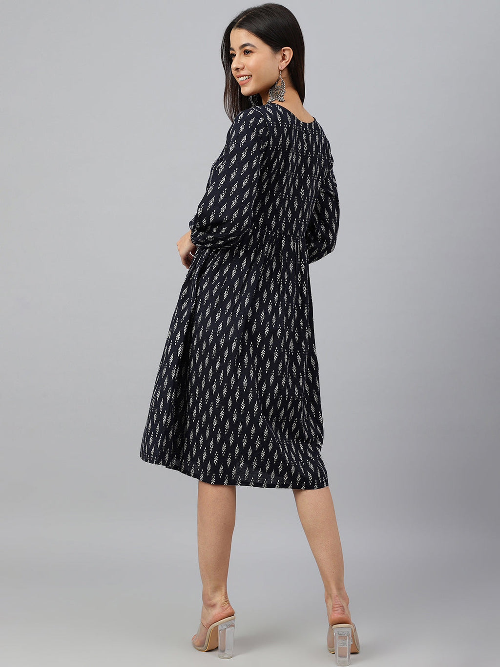 Janasya Women's Black Cotton Printed A-line Western Dress | Grocsy