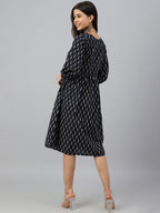 Janasya Women's Black Cotton Printed A-line Western Dress | Grocsy
