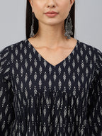 Janasya Women's Black Cotton Printed A-line Western Dress | Grocsy