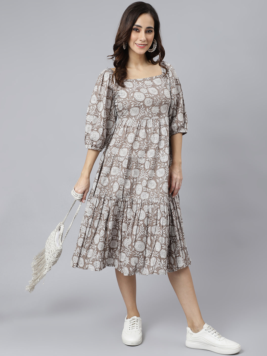 Janasya Women's Grey Cotton Floral Printed Flared Western Dress | Grocsy