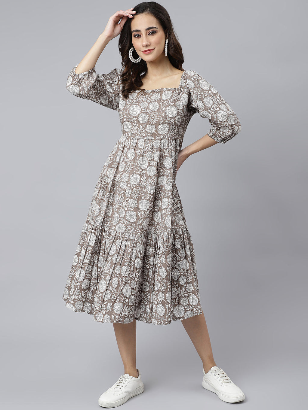 Janasya Women's Grey Cotton Floral Printed Flared Western Dress | Grocsy