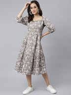 Janasya Women's Grey Cotton Floral Printed Flared Western Dress | Grocsy