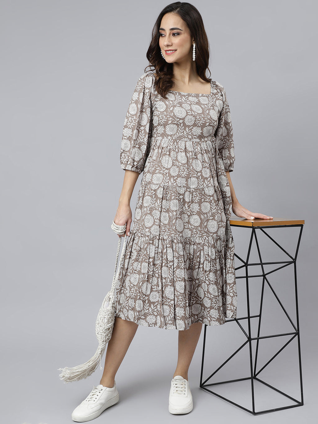 Janasya Women's Grey Cotton Floral Printed Flared Western Dress | Grocsy