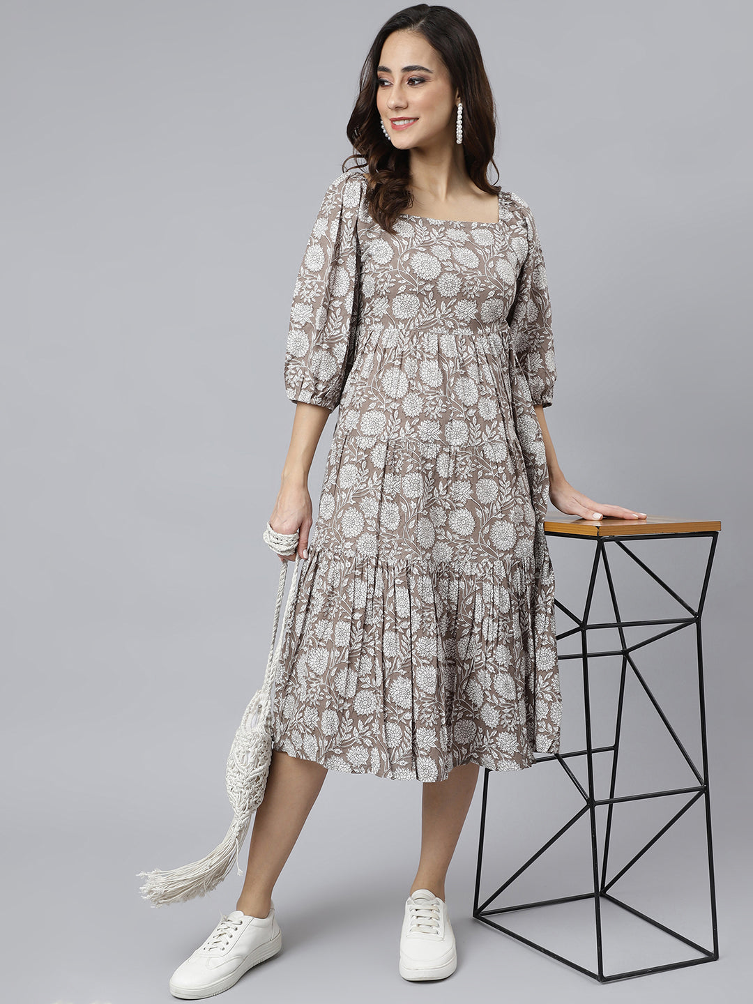 Janasya Women's Grey Cotton Floral Printed Flared Western Dress | Grocsy
